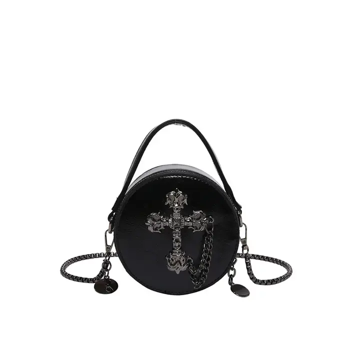 Gothic Studded Round Bags with Metal Skull & Cross Accents