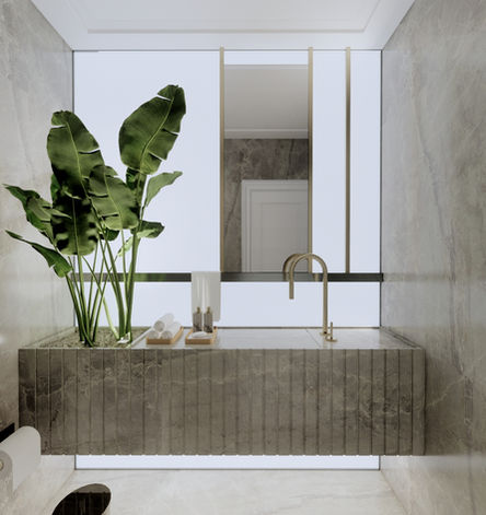 Banheiro com revestimento em pedra e jardim interno integrado, Casa FR, Garopaba Internacional