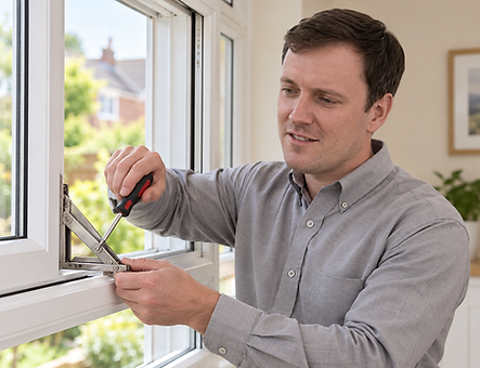 uPVC Window Repairs in Battersea – technician repairing a uPVC window hinge with a screwdriver.