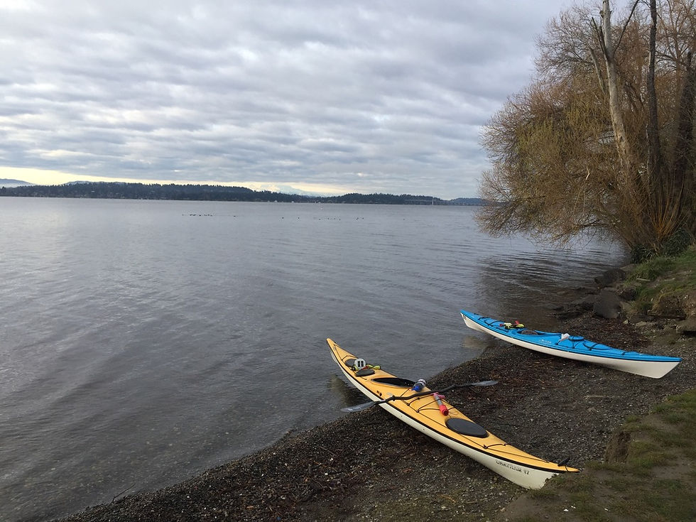 2 kayaks rest on a rocky beach with puget sound in the background