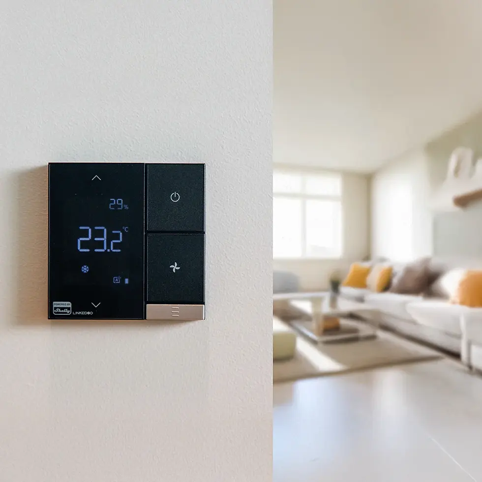 LinkedGo HVAC thermostat RS485 Modbus integration square 70x70mm console mount — Domotika MK
