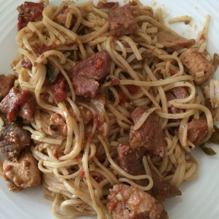 Fiery Meat Medley with Noodles withloverecipes.com