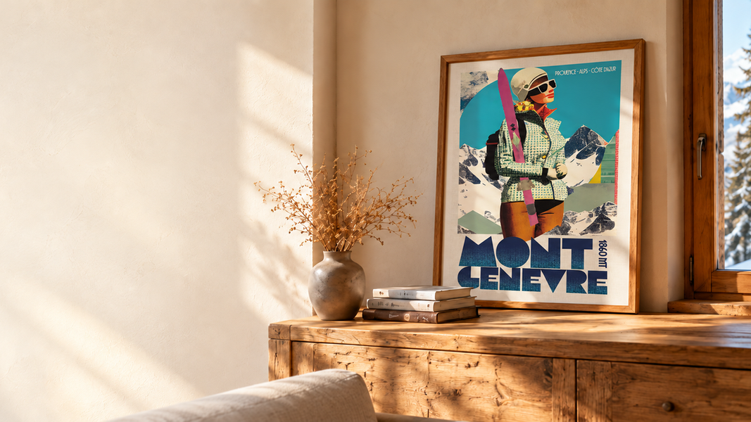 Poster Montgenèvre su mobile in legno con vaso e libri.