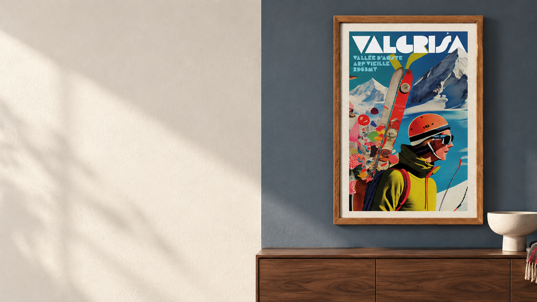 Poster vintage Valgrisa con sciatore su parete blu