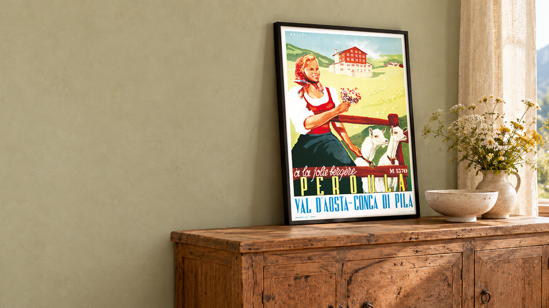 Poster vintage Valle d'Aosta Conca di Pila su mobile