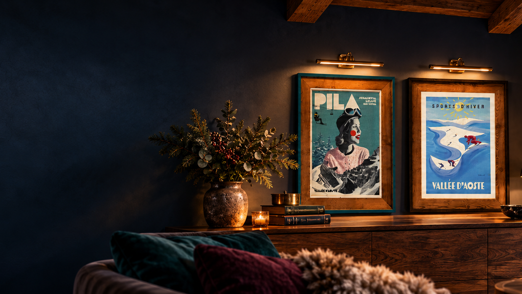 Poster vintage di Pila e sci in chalet alpino
