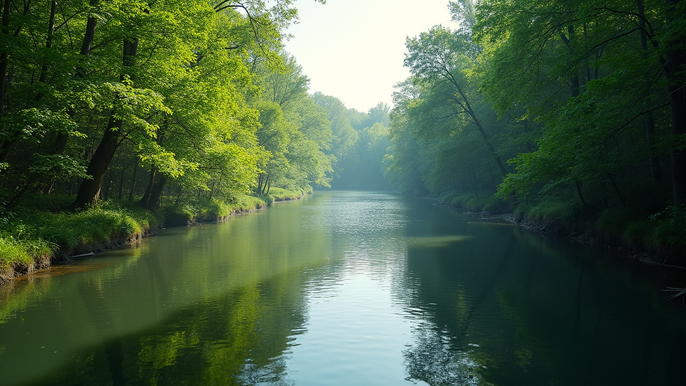 Wide angle view of calm river surrounded by lush green trees