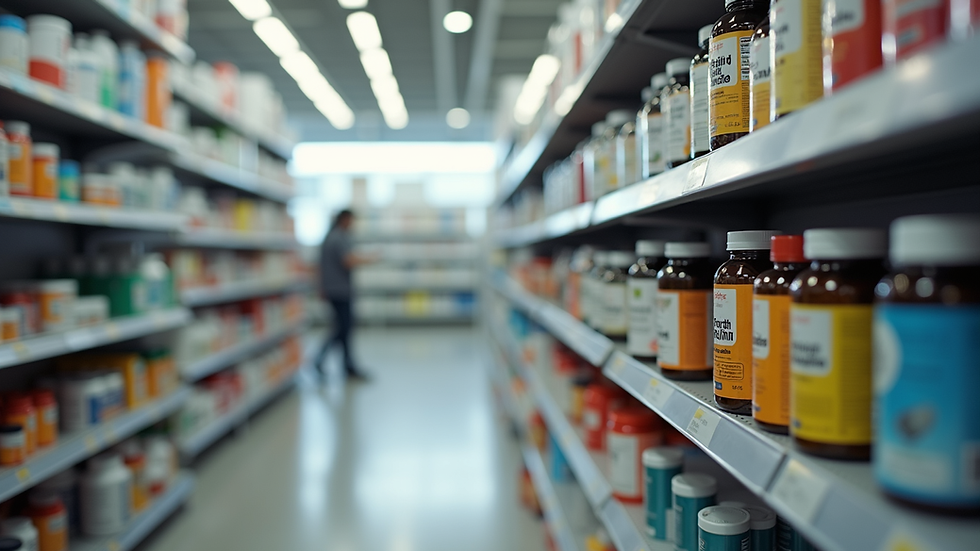 High angle view of a pharmacy shelf stocked with health supplements