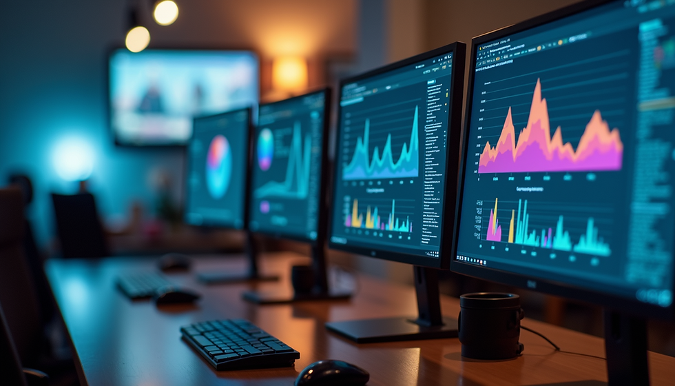 Eye-level view of a modern office workspace with multiple monitors displaying software dashboards