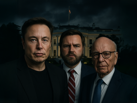 Realistic composite of Musk, Vance, and Murdoch standing before a dark, moody White House. Eerie lighting suggests secrecy and quiet power moves.