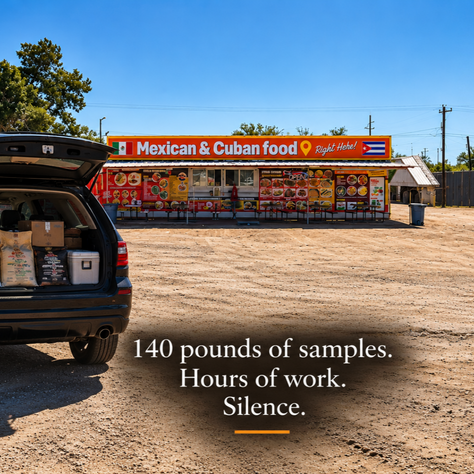 Black Dodge Durango with foodservice samples outside a West Texas restaurant, illustrating the challenges of restaurant sales and prospecting.