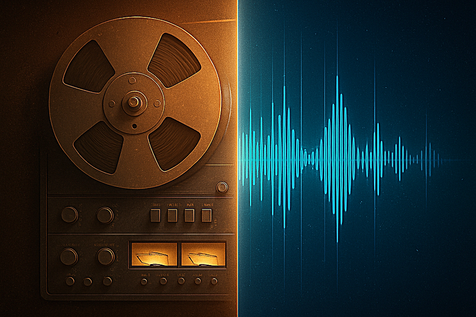 Analog reel-to-reel tape recorder transforming into a blue digital audio waveform, symbolizing the evolution from analog recording to high-resolution digital sound