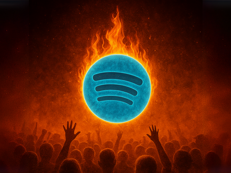 Fiery Spotify logo burning above a cheering concert crowd, symbolizing streaming party culture, algorithm manipulation, and fan-driven chart tactics in the music industry. banner