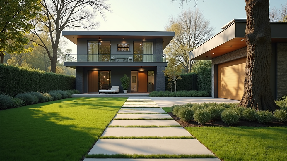 Eye-level view of a modern residential property with a well-maintained garden