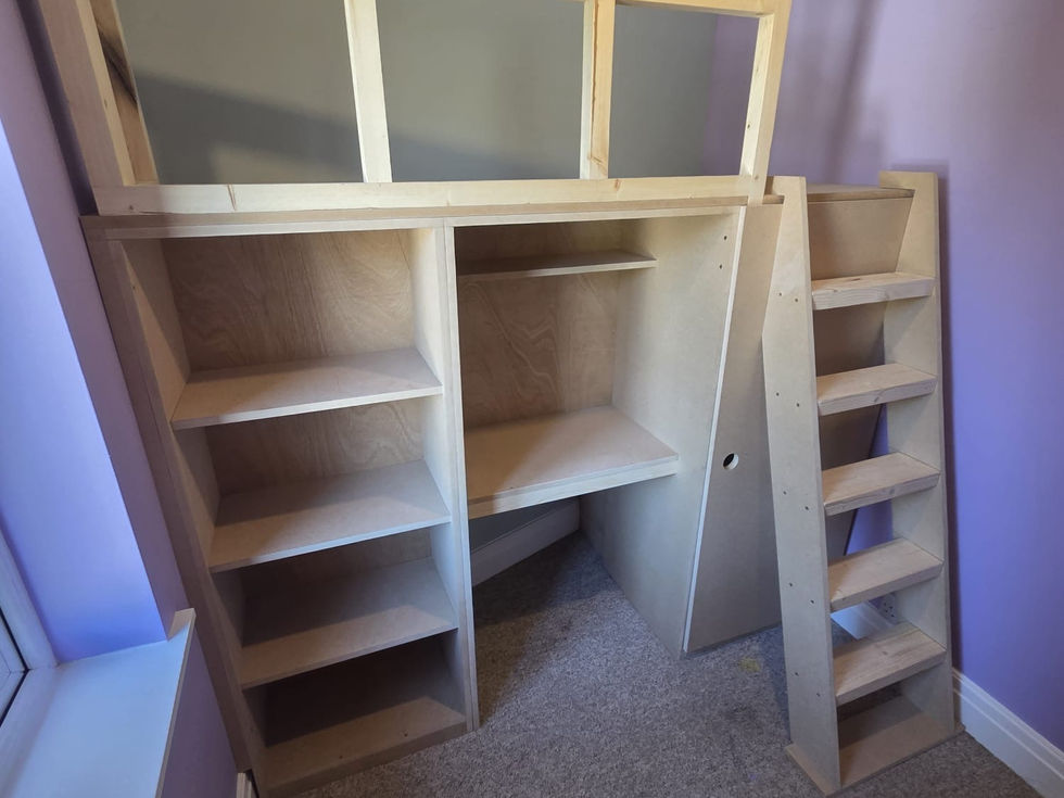 Raised cabin bed with guard rail, built-in staircase and open shelves, unpainted plywood, Cumbria