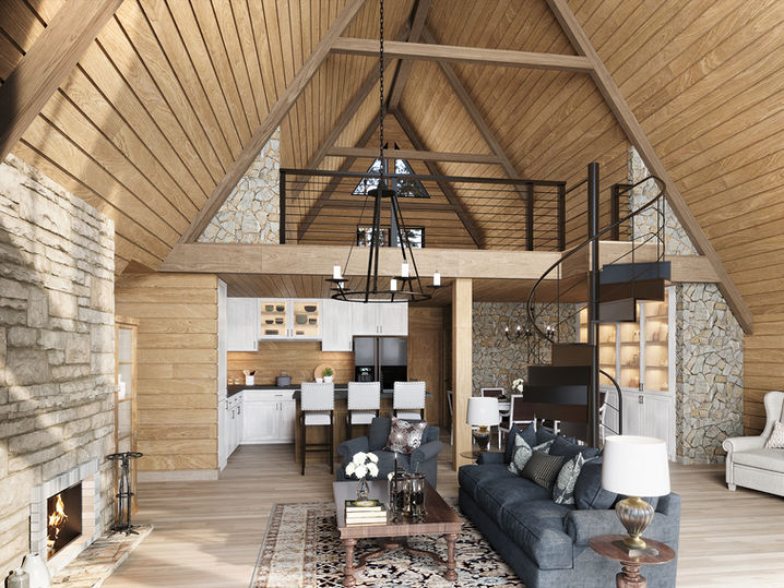 Spacious great room inside A-frame cabin with stone fireplace, timber ceiling, open-plan kitchen and dining area, spiral staircase leading to loft, rustic yet elegant design.