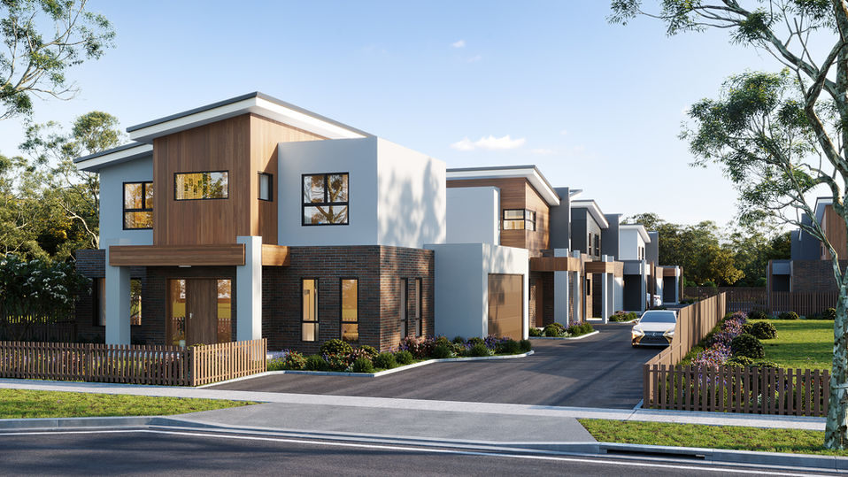 3D exterior rendering of a modern townhouse development in Blackalls Park, featuring timber cladding, white rendered walls, and landscaped gardens in a quiet suburban setting.