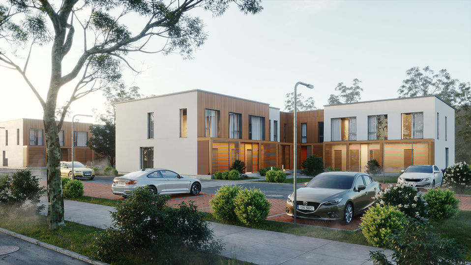 Modern white townhouses with vertical timber accents in a landscaped suburban neighborhood, featuring parked cars and natural greenery.