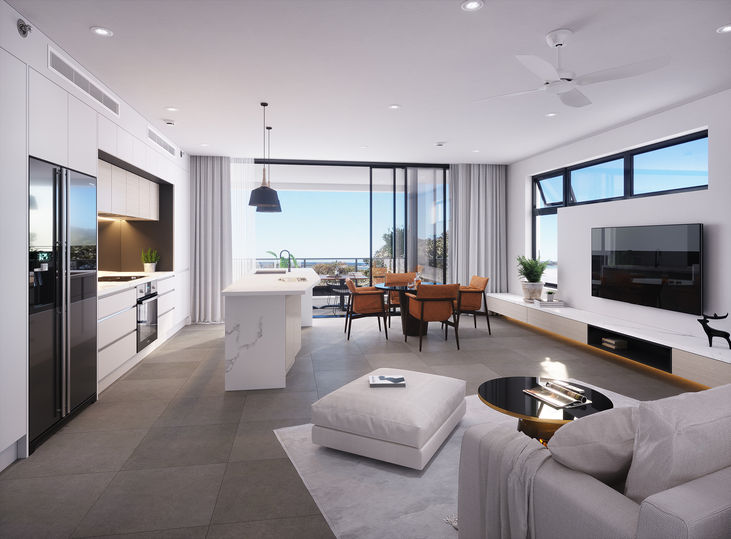 Bright and modern open-plan kitchen, dining, and living room with ocean views and elegant coastal styling in an Australian apartment.