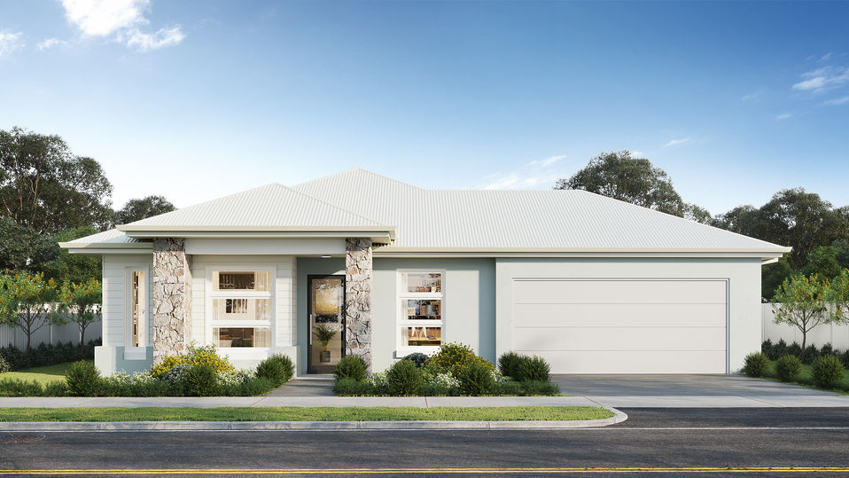 3D rendering of a modern Australian single-storey house with stone column accents, light roof, large windows, and a double garage.
