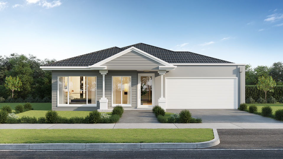 3D rendering of a single-storey modern suburban house in Australia with a grey facade, white trims, tiled roof, and twin porch columns.