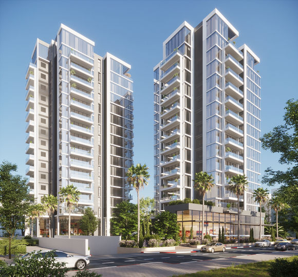 3D rendering of modern high-rise residential towers with glass façades, street view, palm trees, and retail podium.