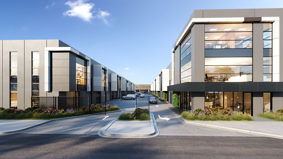 3D render of a modern office and warehouse complex with symmetrical design, glass facades, gated entry, and landscaped parking zones in Beverly, South Australia.