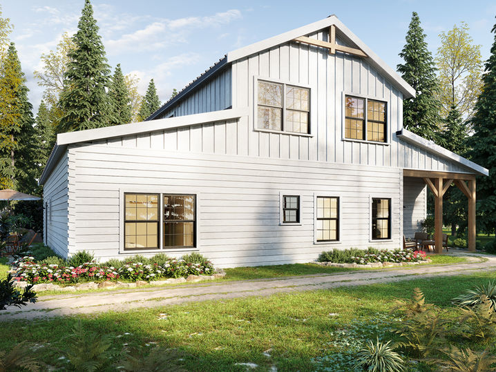 Rustic timber-clad barnhouse with stone chimney and wide porches surrounded by pine forests and meadows.
