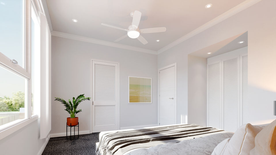 3D rendering of a modern townhouse with timber and brick façade, featuring light-filled interiors including open living space and cozy bedroom with neutral tones.