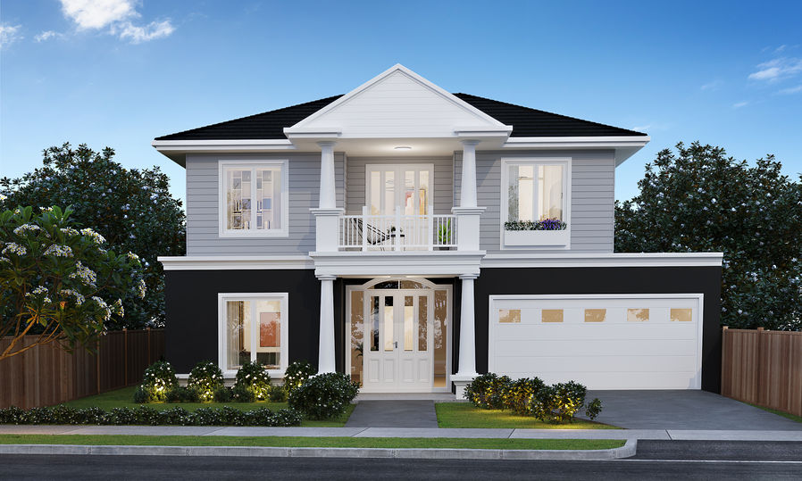 Photorealistic 3D rendering of a two-storey Hamptons-style house with dark lower walls, white columns, and a classic front balcony, Australia.