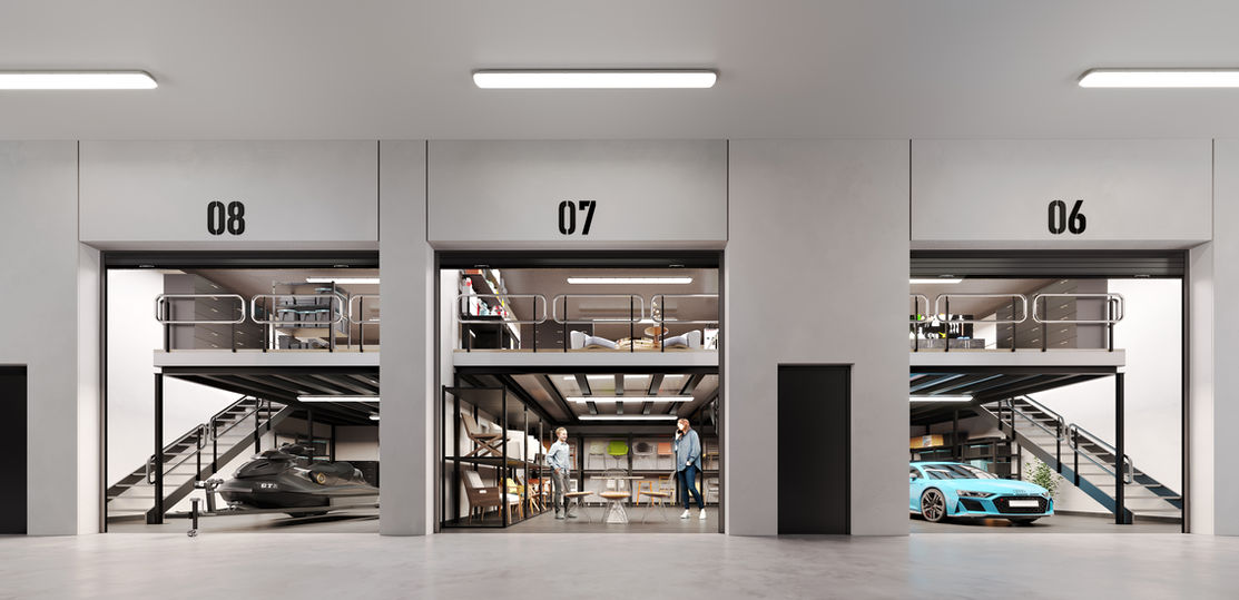 3D visualization of modular commercial units in Cheltenham, featuring multi-level spaces for office use, vehicle display, and storage. Rendered with realistic lighting and architectural detailing Australia commercial garage rendering
