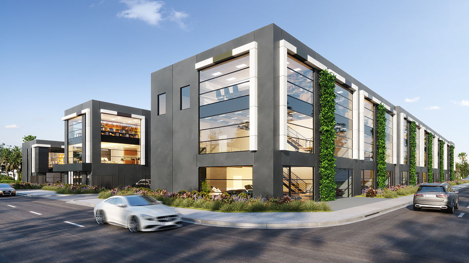 Photorealistic rendering of a modern warehouse complex with numbered roller doors, glazed offices, and upscale interiors featuring lofts, office setups, and car storage.