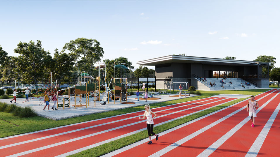 3D rendering of Tamplin Field featuring a professional football field, running track, playground areas, and community gathering spaces designed for public recreation and sports events.