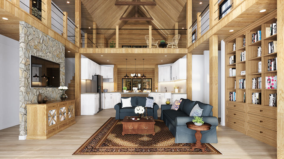 Cozy farmhouse interior with timber vaulted ceilings, stone fireplace, open loft, and rustic-modern furniture.