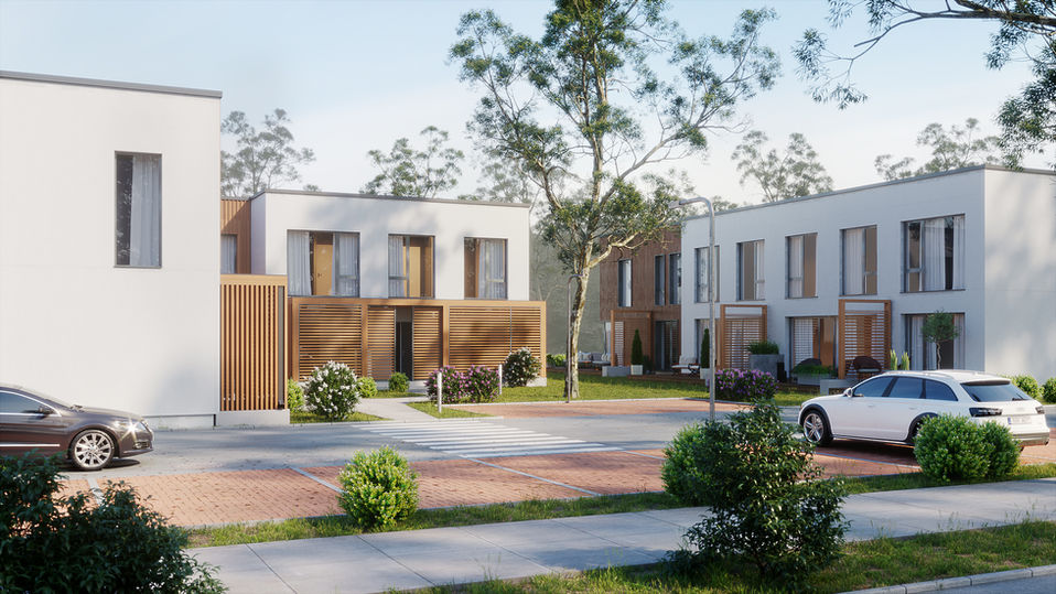 Contemporary white and timber-accented townhouses with landscaped gardens and parked cars under soft natural light.