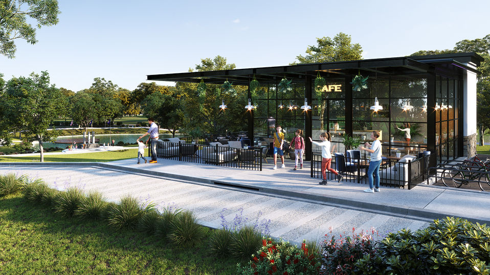 3D render of McQuade Park showcasing a glass café pavilion surrounded by families, outdoor seating, and lush green landscaping within a modern community park.
