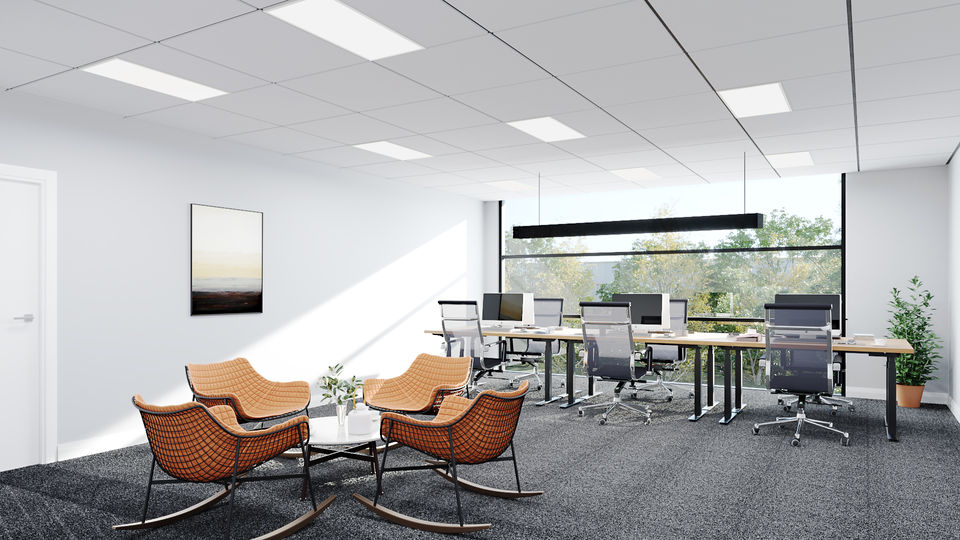 3D visualization of a modern open-plan office with large windows, ergonomic workstations, and minimalist contemporary design.