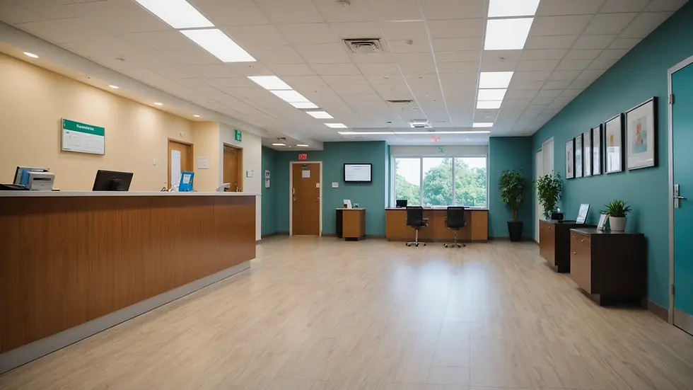 Eye-level view of a hospital setting with a focus on reception area where patient billing is done