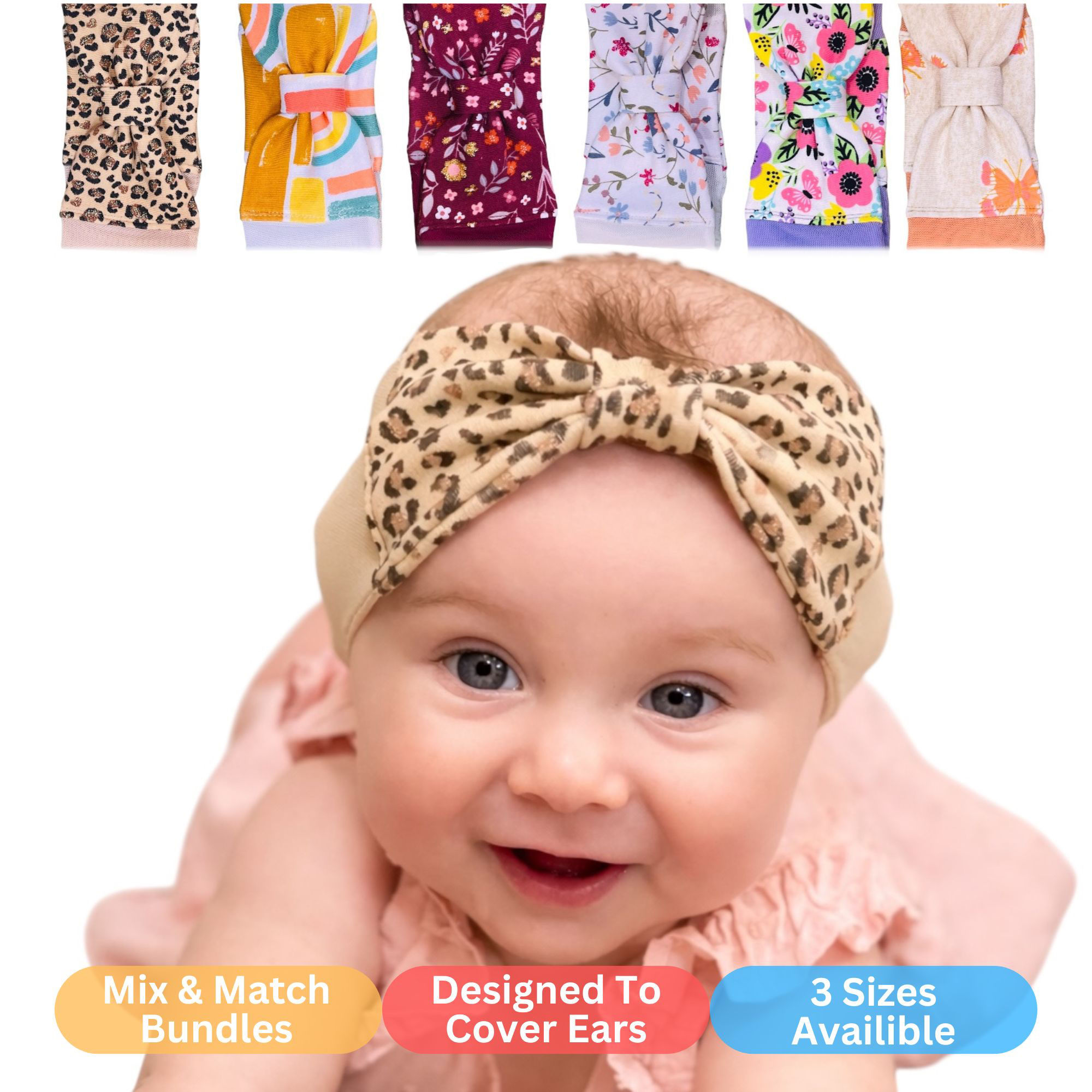 Baby Hearing Aid Retention Headband Bundles- Custom Pattern Flat Bow Style
