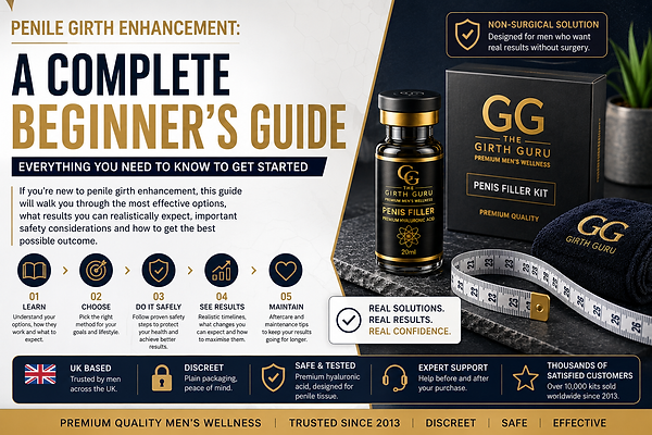Beginner’s guide to penile girth enhancement featuring a Girth Guru penis filler vial, measuring tape and step-by-step educational layout
