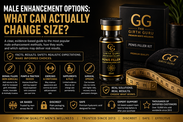Male enhancement options guide comparing penis filler, pumps, traction devices, exercises, supplements and surgery