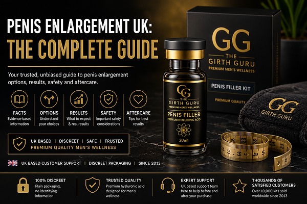 Penis Enlargement UK complete guide featuring Girth Guru penis filler, discreet packaging and a measuring tape
