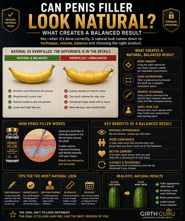 Infographic using fruit to explain how balanced penis filler results depend on appropriate volume, even distribution, proper technique and natural proportions.