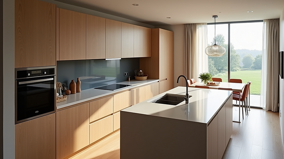 High angle view of a modern kitchen with bespoke cabinetry and island