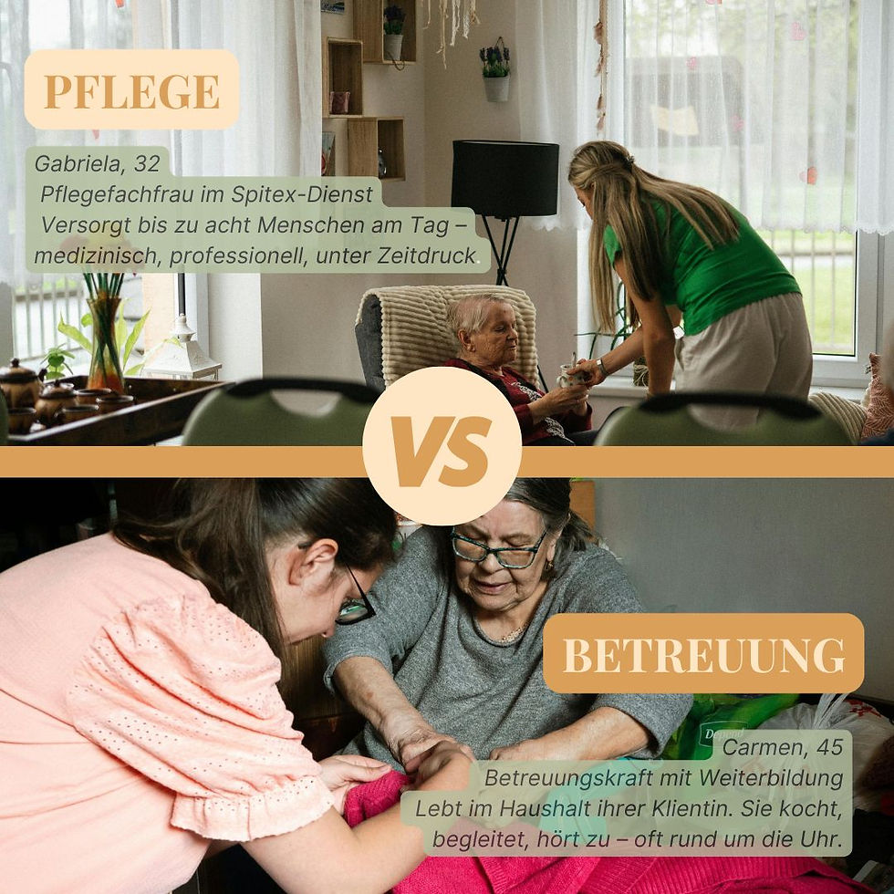 Vergleich zwischen Pflegefachkraft im Spitex-Dienst und Betreuungskraft in der häuslichen 24h-Betreuung mit Bild und Beschreibung