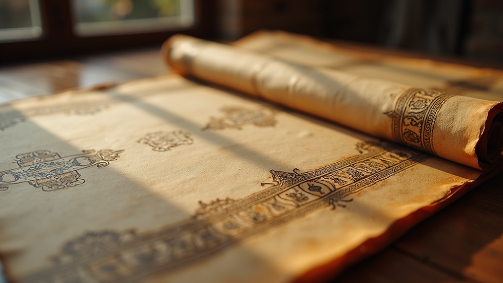 Eye-level view of an ancient scroll with intricate designs