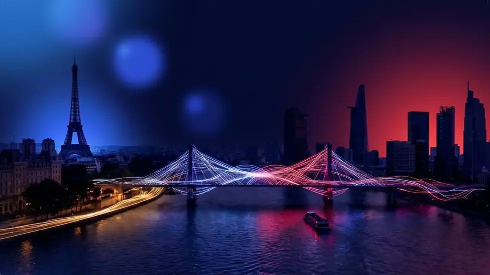France and Vietnam skylines connected by an illuminated bridge symbolising the role of French Tech Vietnam to connect both tech ecosystem