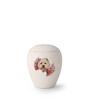 Keramik, matt-weiß glasiert, . Motiv Terrier von Hand gemalt