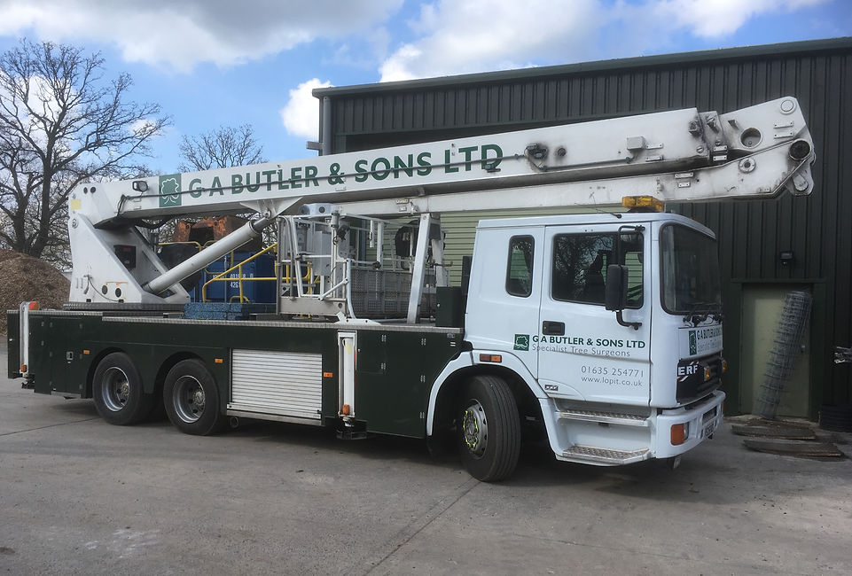 A large white crane truck labeled "G A Butler & Sons Ltd" is parked beside a dark green