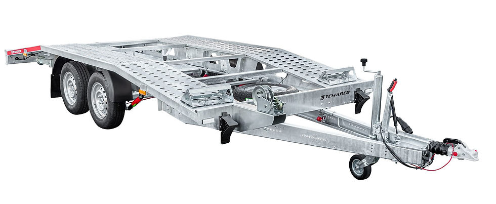 Flatbed trailer with a flat surface and a ramp for loading and unloading cargo